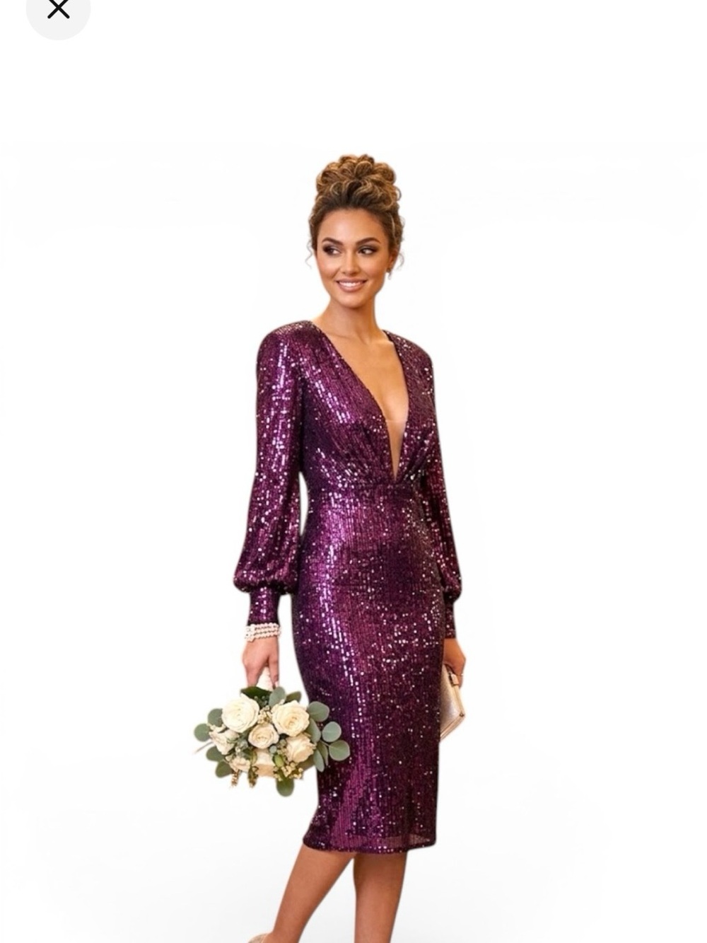 Mac Duggal Plum Sequin Midi Dress with V-Neck - Picture 2 of 7